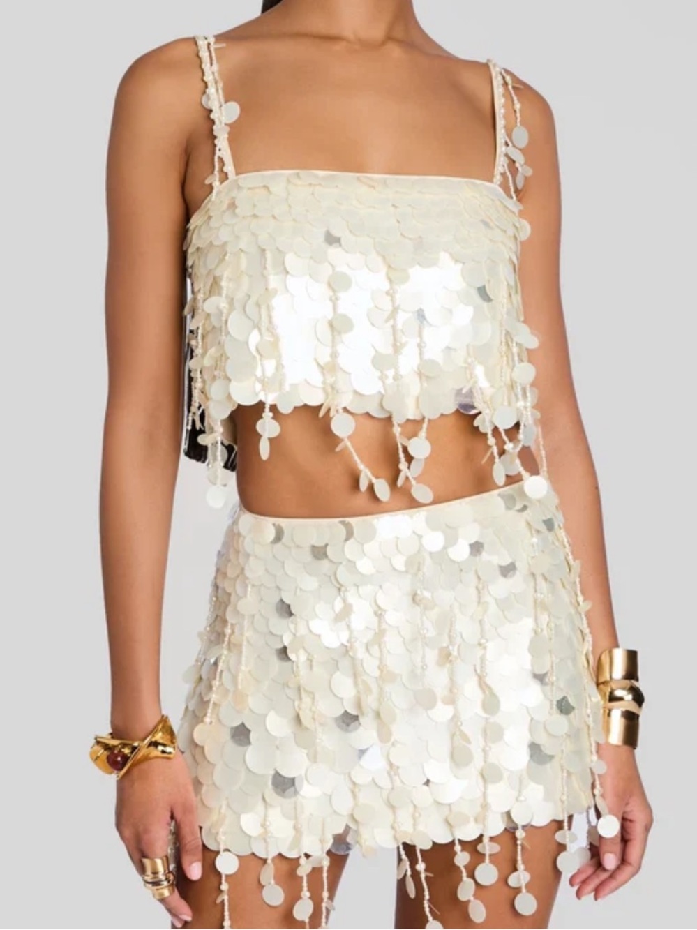 Retrofete Eudora Fringe Dangle Embellished Sequin Crop Top in Cream Size Large